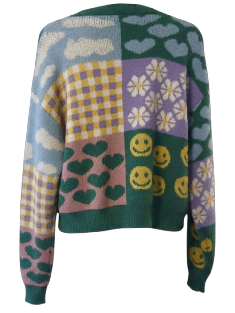 Patchwork Smiley Cardigan V-Neck Button Front | Women’s M/L | EUC | Fun Retro - Picture 3 of 7